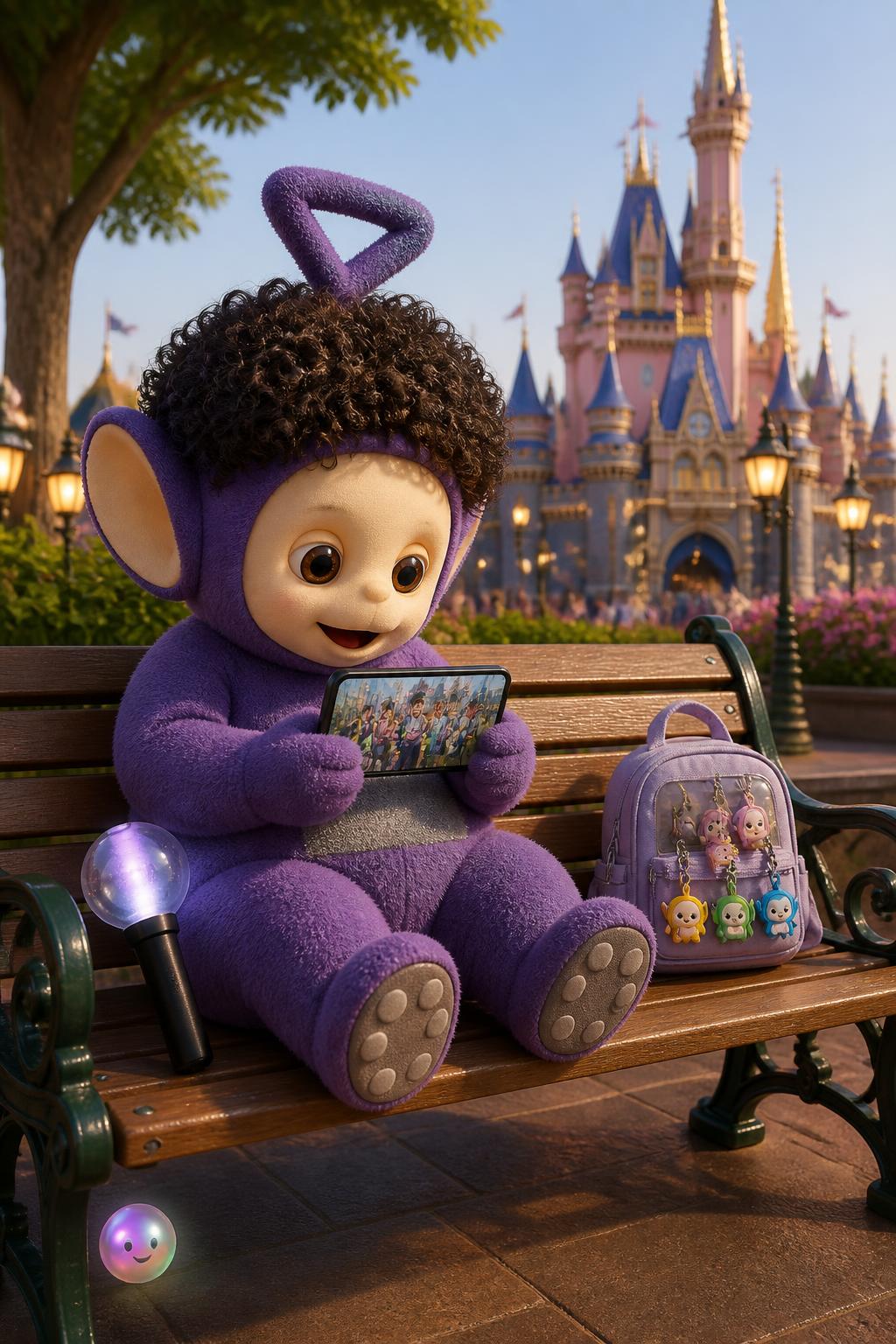 ENHYPEN found Disneys rarest resident, a curly-haired purple Teletubby, during their EN-O-CLOCK break