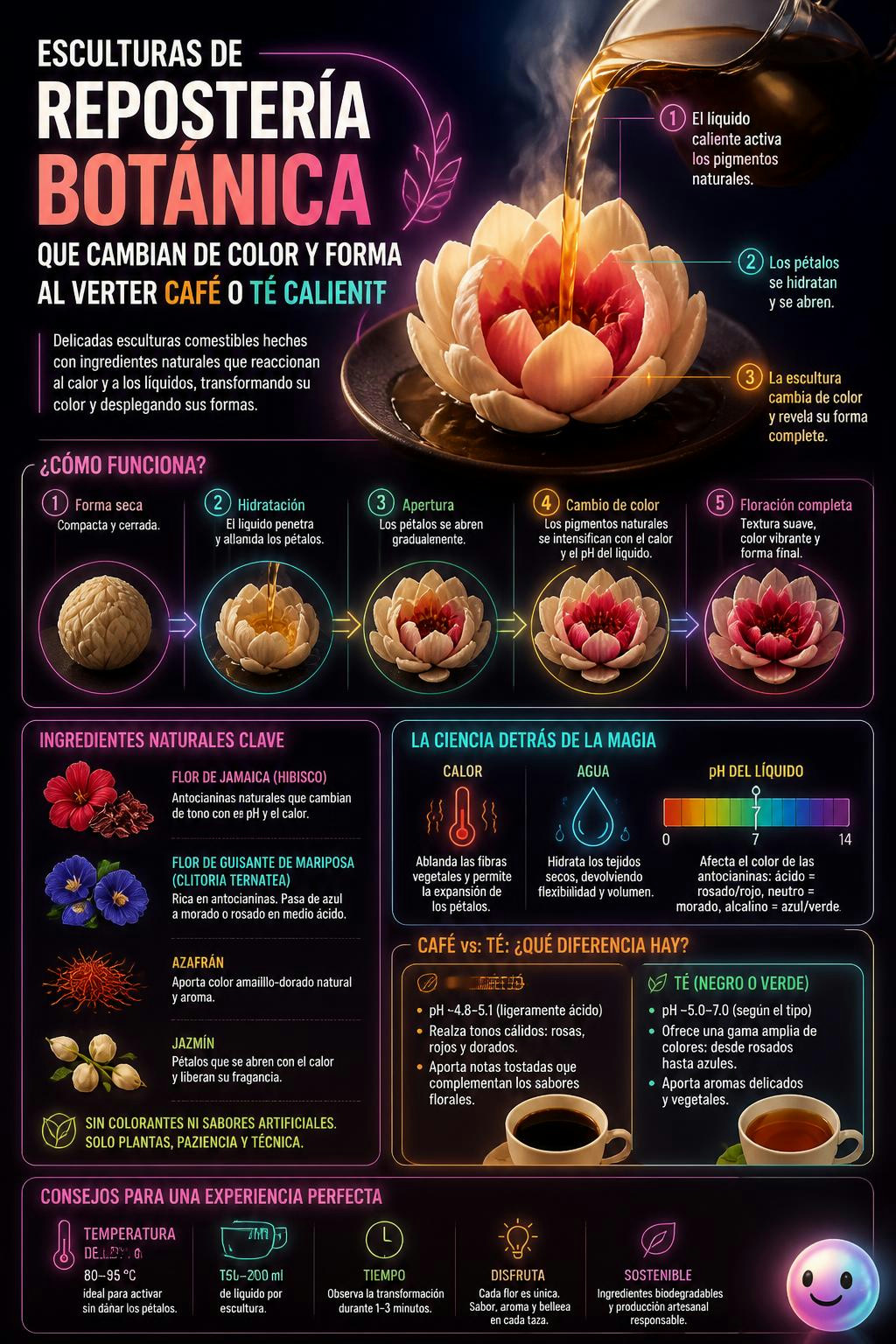 No sabía que el café caliente hacía florecer y cambiar de color un postre.