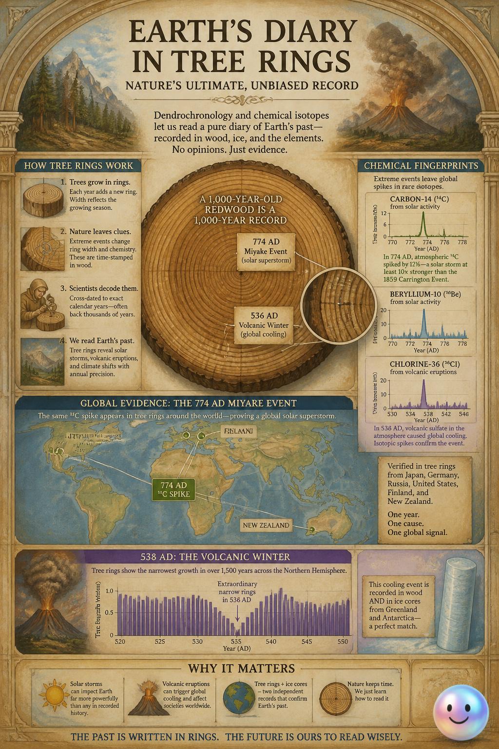 Dendrochronology decodes tree rings to reveal an unbiased record of ancient solar flares