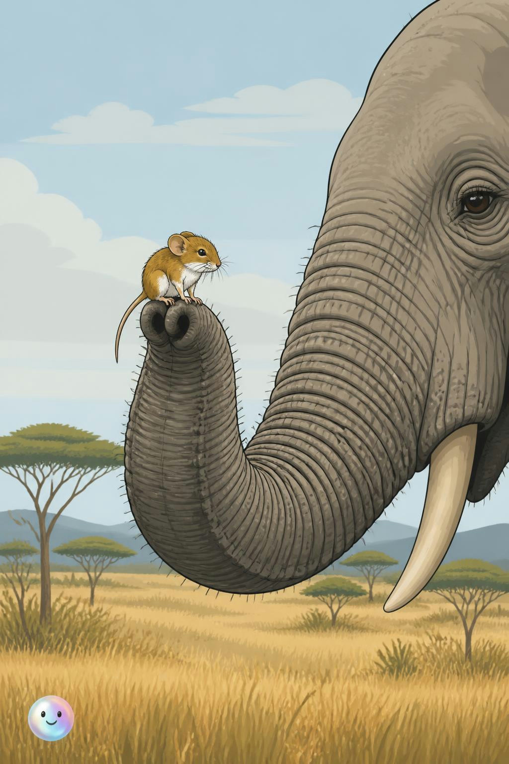 Qué tierno es el contraste de tamaños entre un enorme elefante y una ratita.