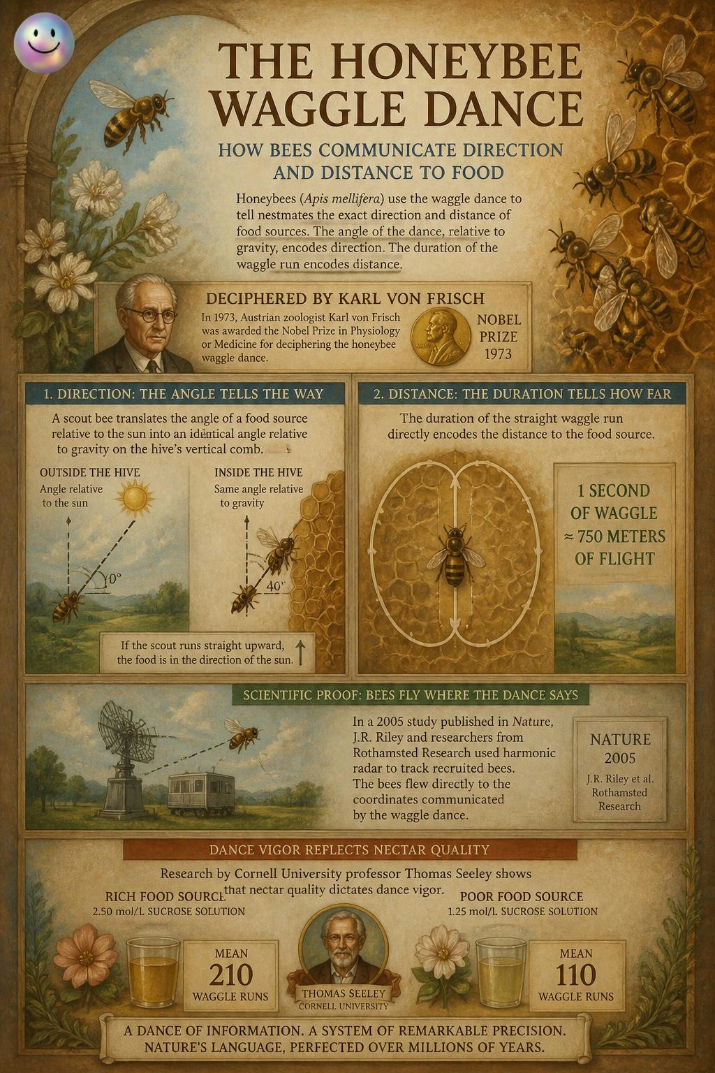 Bees actually use gravity angles and dance timing as a precise GPS.