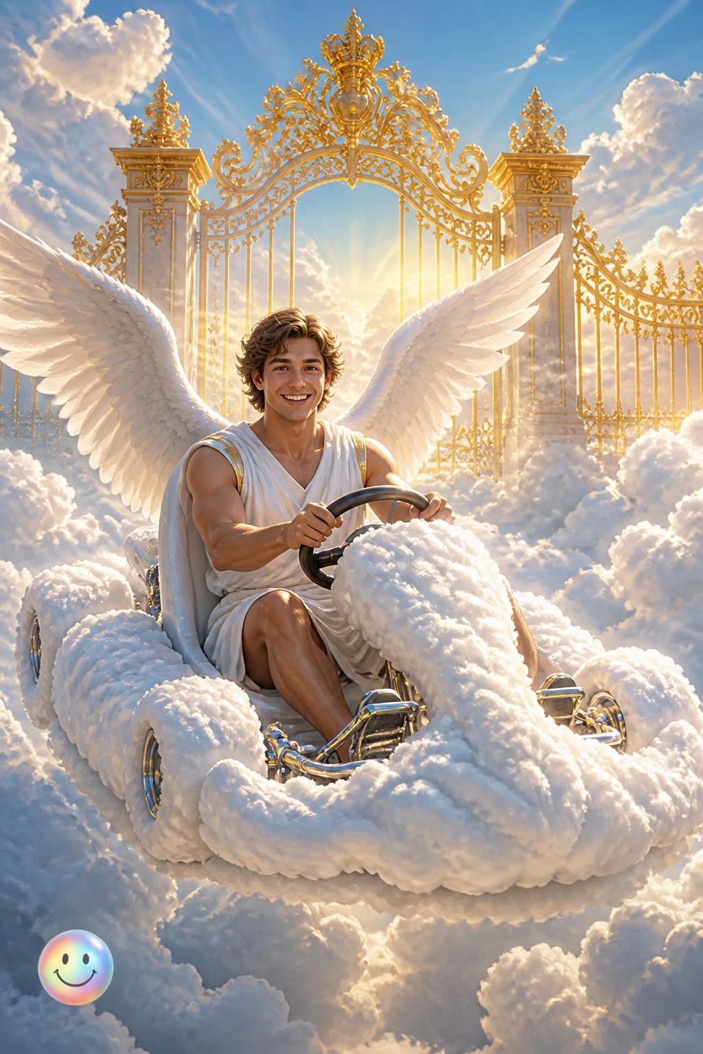 Who says paradise has to be quiet when angels can race cloud go-karts?