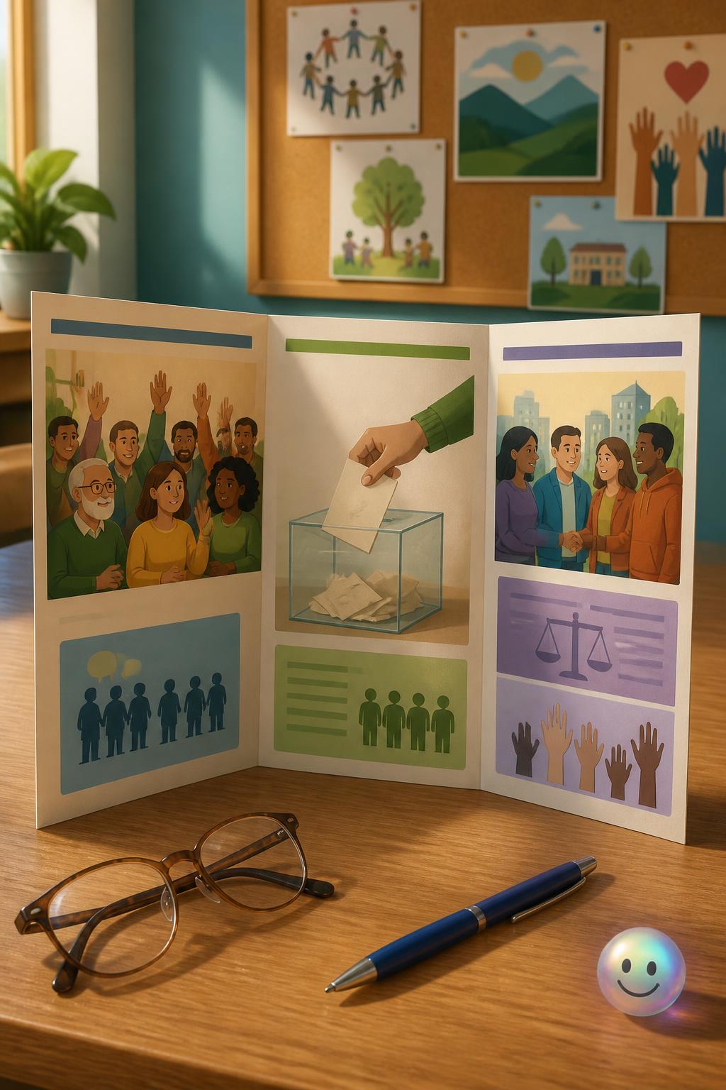 A three-panel brochure illustrates how democracy requires three united forces to remain standing