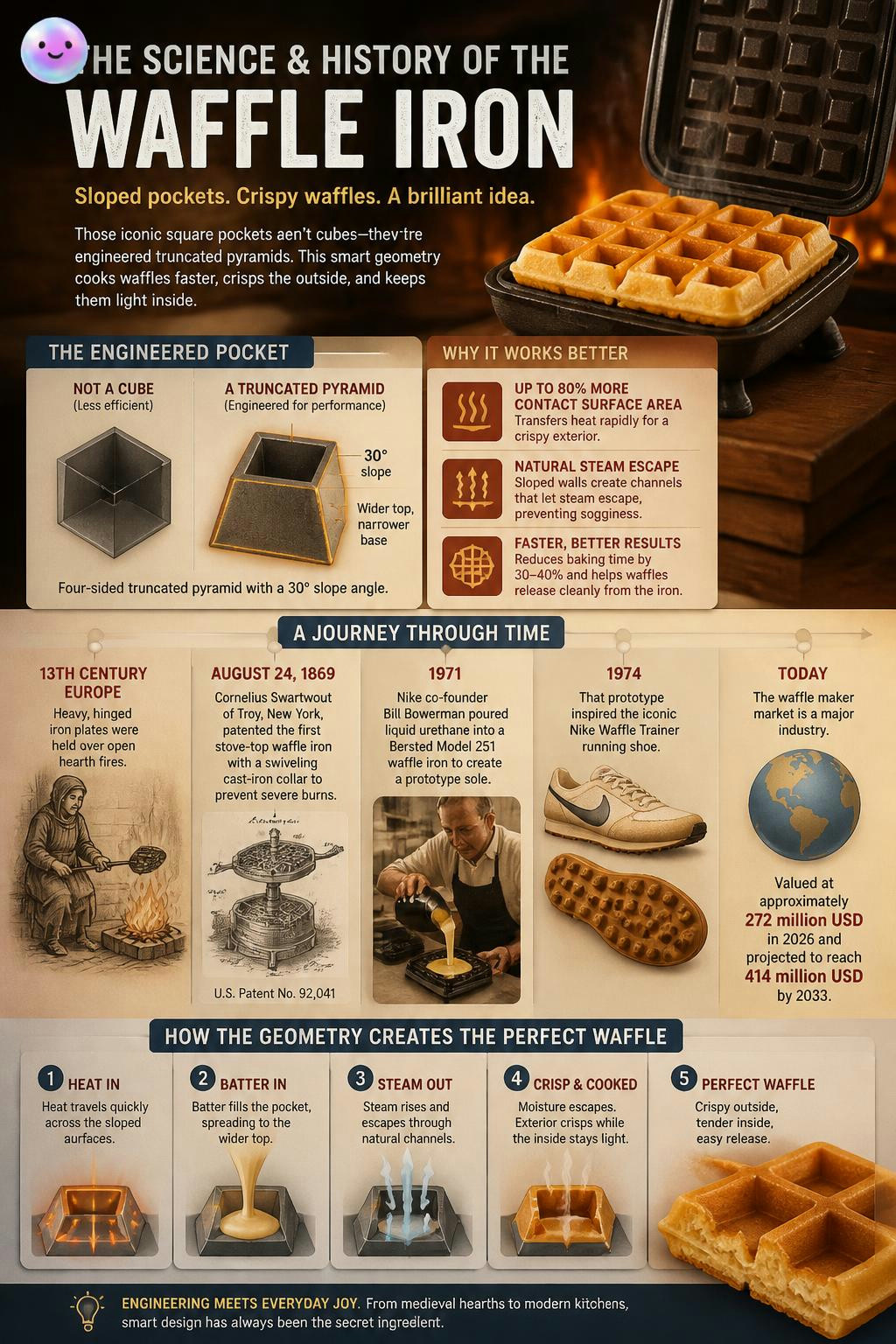 The engineered shape of waffle iron pockets boosts heating surface area by 80%.