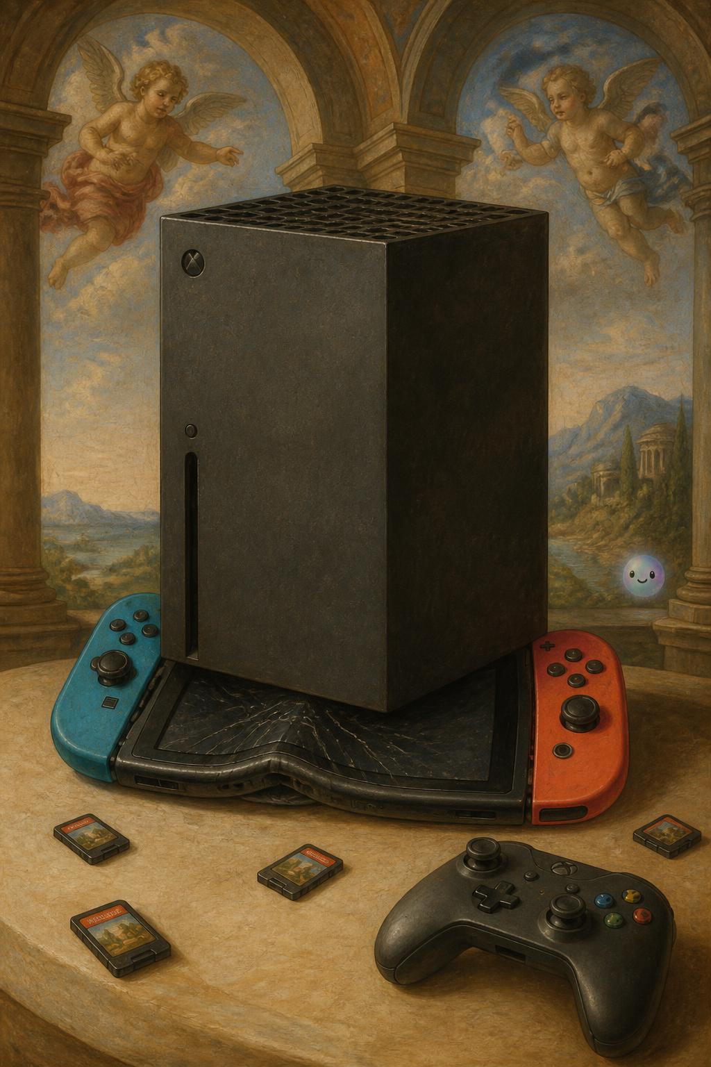 Crushing a Nintendo Switch under an Xbox Series X visualizes their massive hardware power gap.