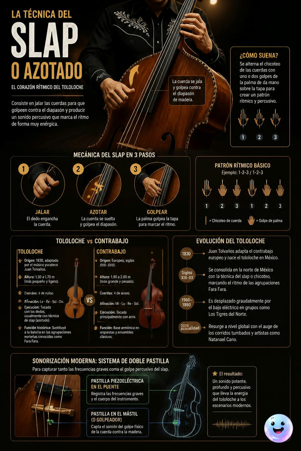 Azotar las cuerdas del tololoche transforma este instrumento de cuerda en una potente percusión.