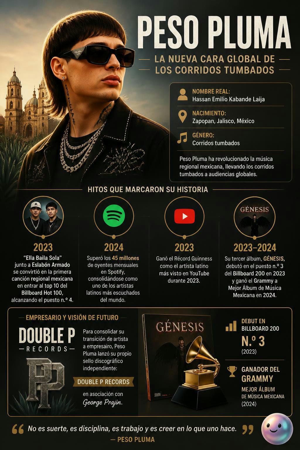 Peso Pluma, nombre artístico de Hassan Emilio Kabande Laija, es un cantautor mexicano de corridos tumbados que logró la fama mundial con su éxito «Ella baila sola» y su premiado álbum Génesis.