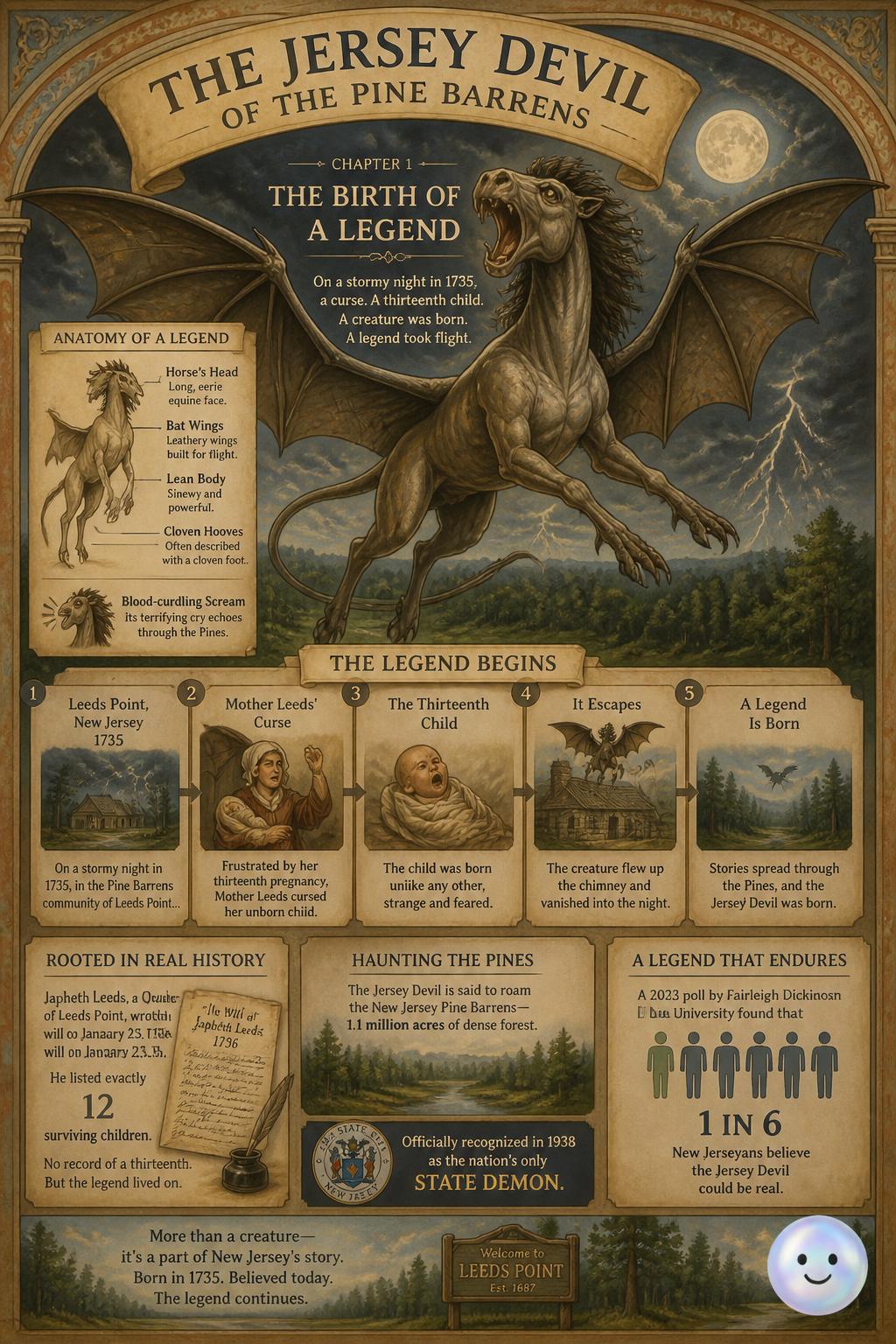 I just learned New Jersey's legend is a screaming, horse-headed bat.