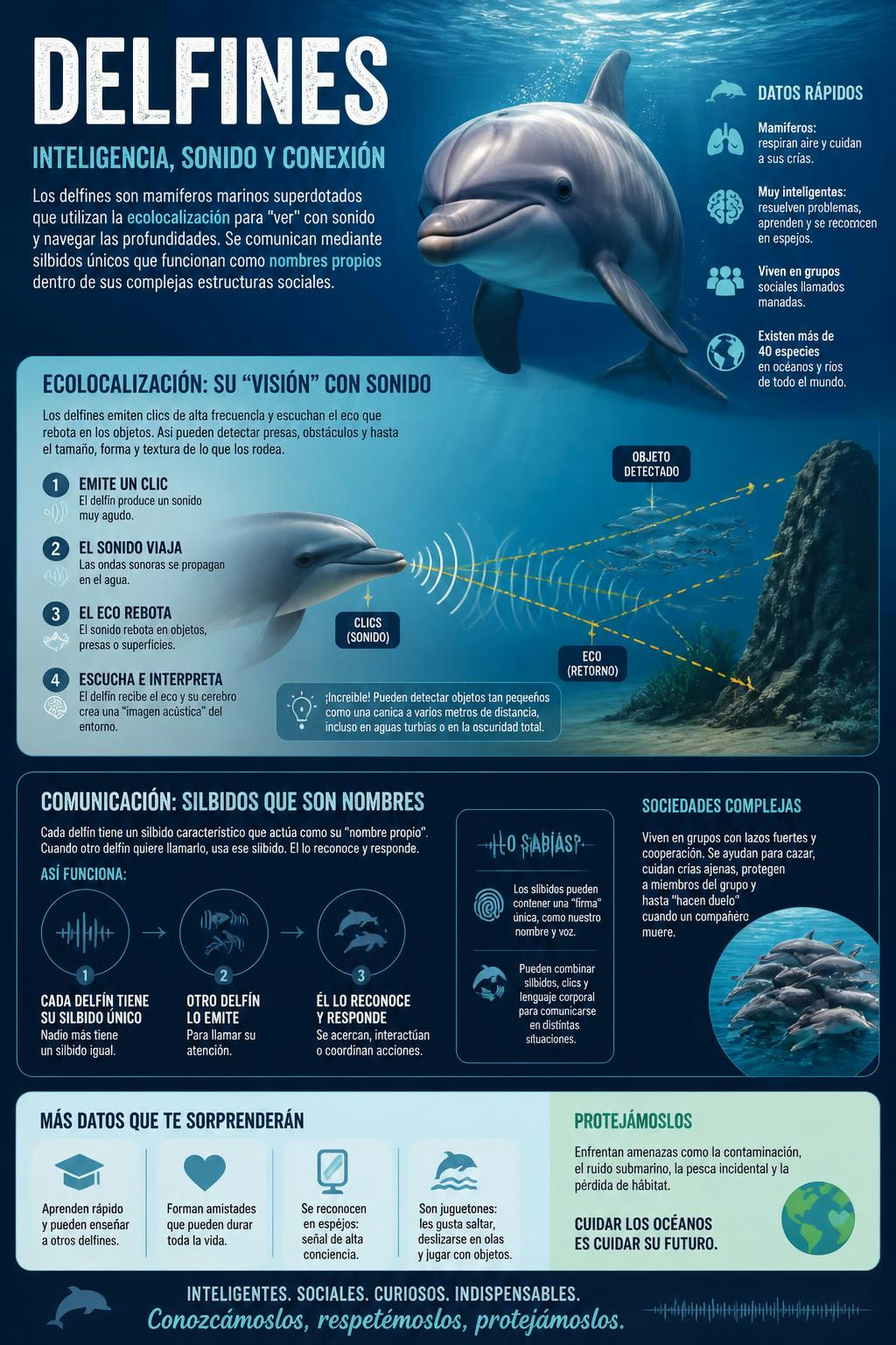 Los **delfines** son mamíferos marinos superdotados que utilizan la **ecolocaliz