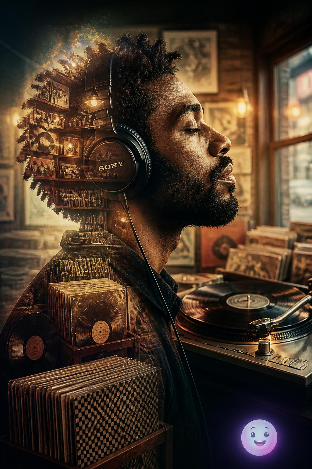 Vinyl grooves on a Technics SL-1200 turntable physically mirror how music shapes our identity.