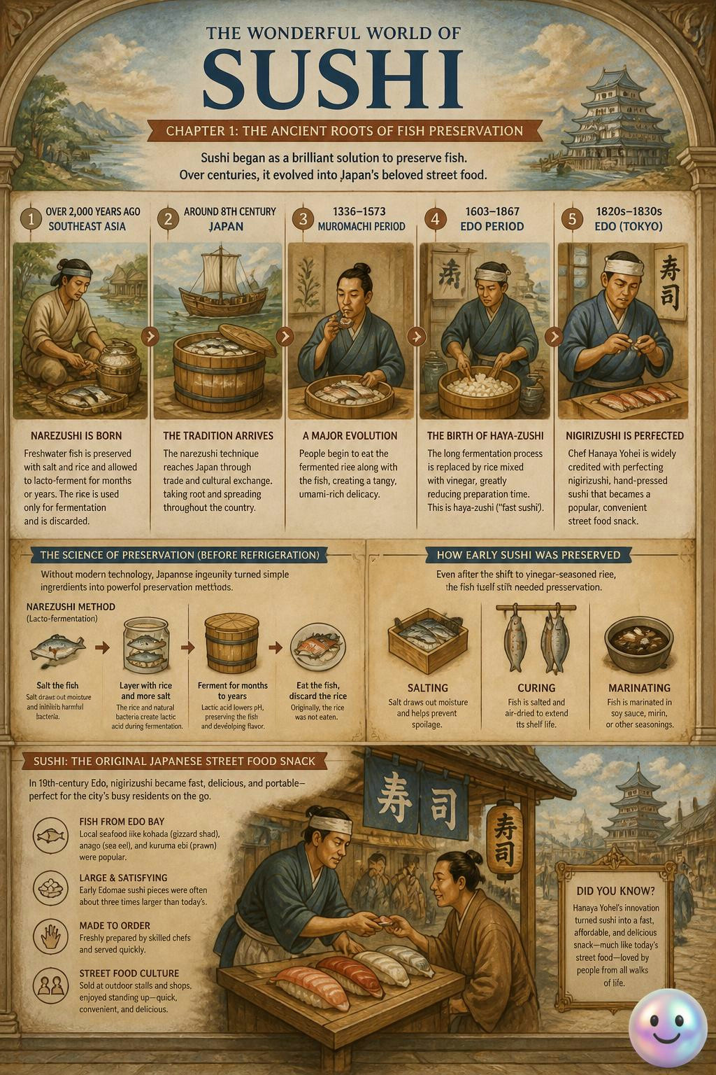 Sushi actually started as a quick street food born from preserving fish.
