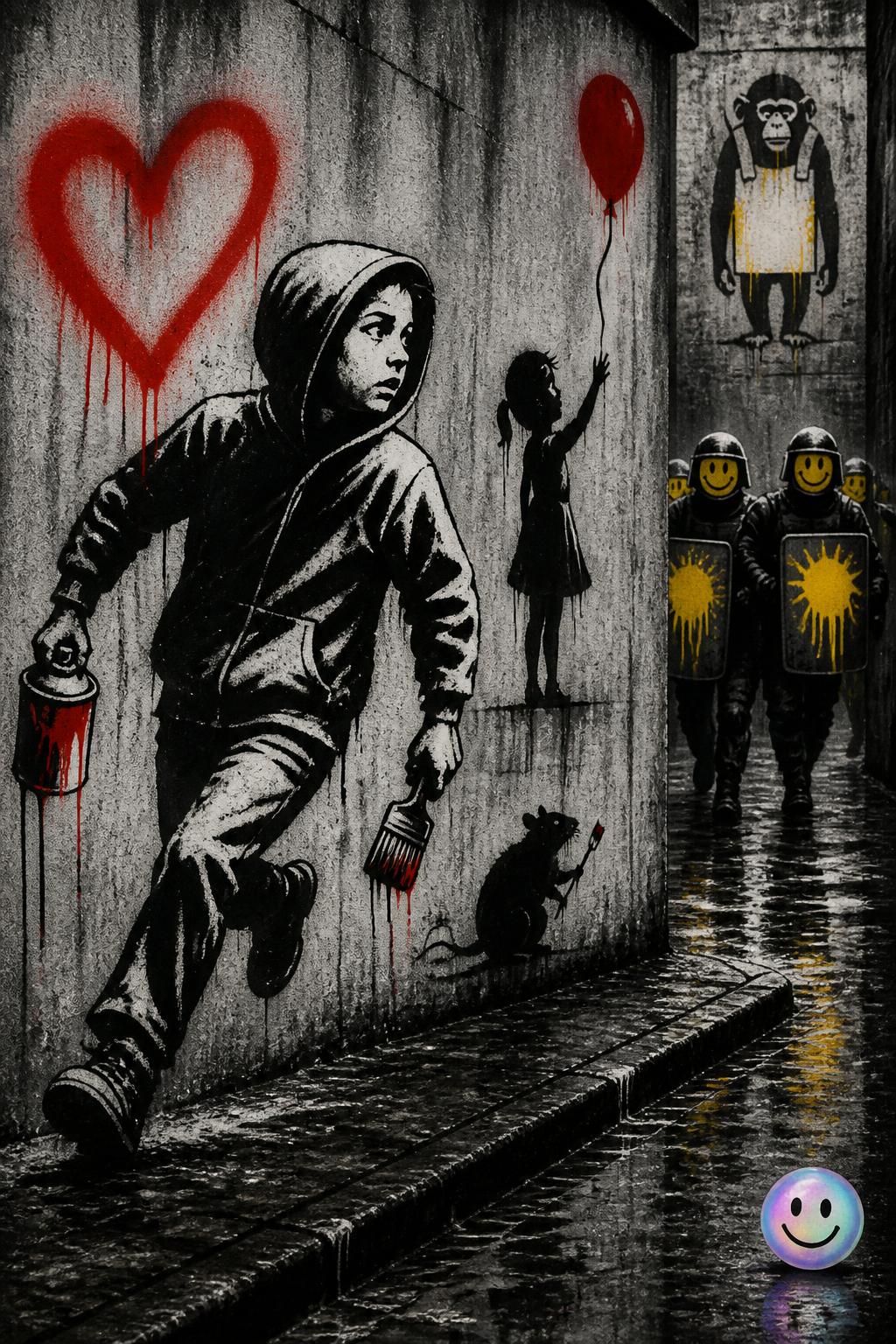 Banksy actually uses pre-cut stencils to spray detailed art in just seconds.