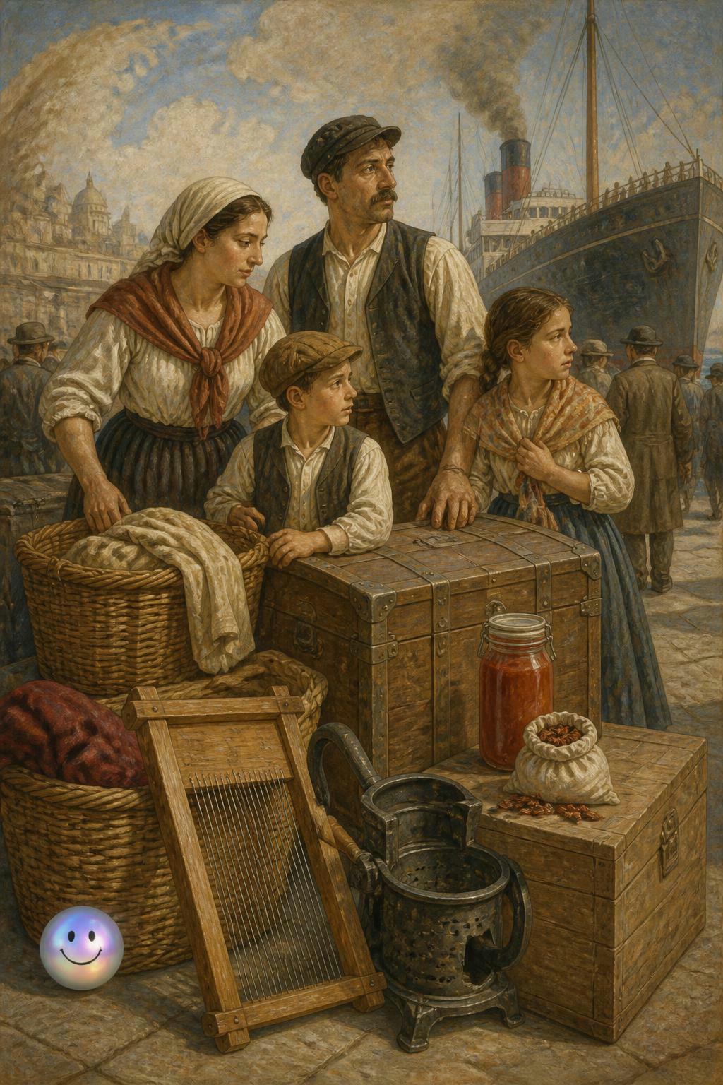 Inmigrantes italianos del siglo XIX desembarcando en América con sus pertenencias, incluyendo alimentos tradicionales como pasta y tomates en conserva que expandieron su gastronomía por el mundo.