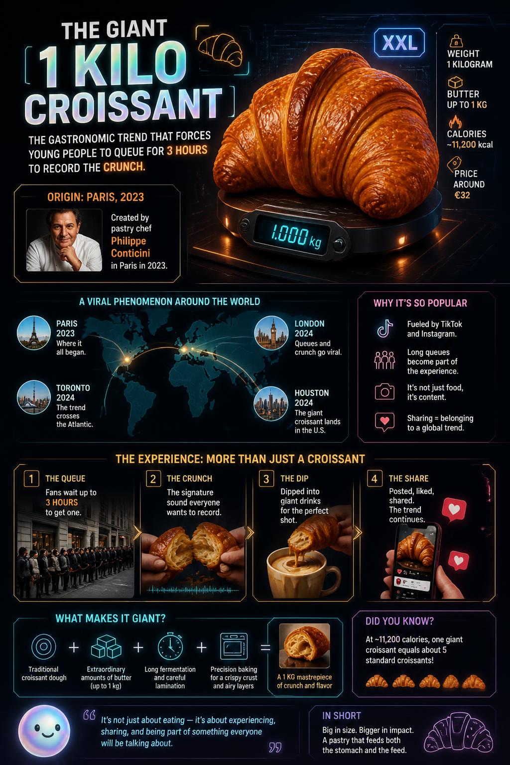 A giant 1kg croissant has people waiting three hours just to record its crunch.