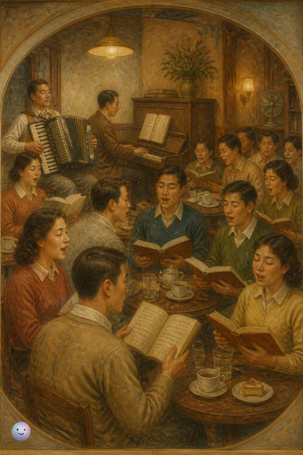 Before digital technology, 1950s Japanese singing cafes used live musicians to lead the crowd.
