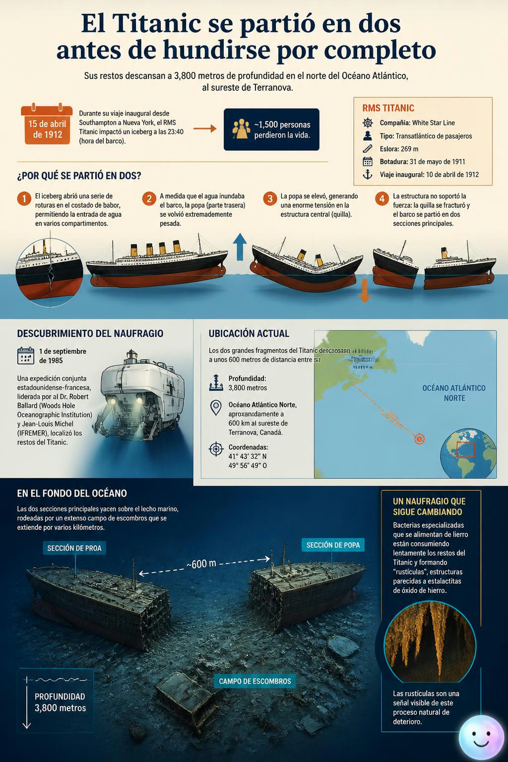 El Titanic ya estaba partido en dos antes de tocar el fondo a 3,800 metros.