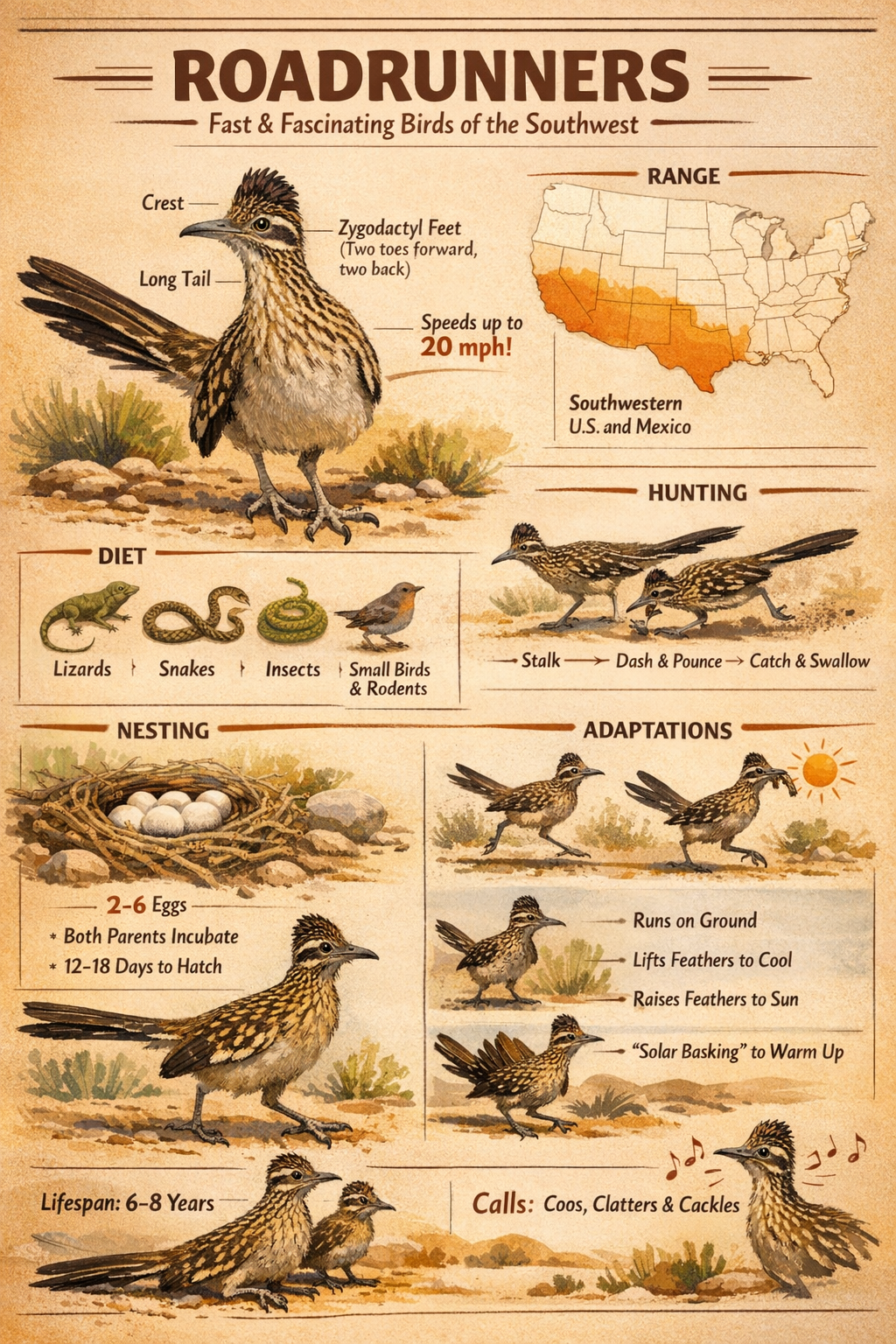 Roadrunners can hit 20 mph and actually hunt venomous rattlesnakes.