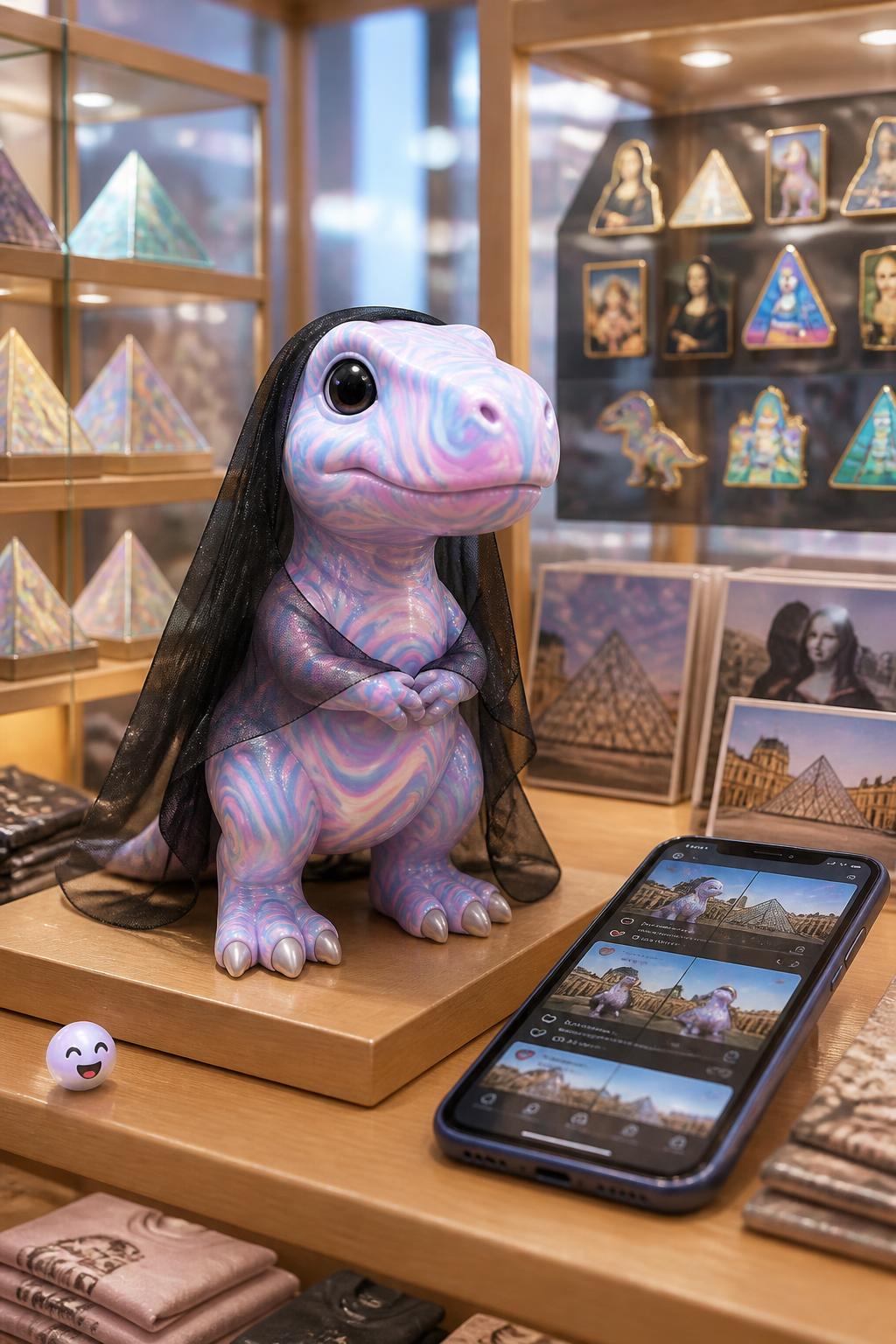 Pastel pink and blue make a tiny dinosaur look completely surreal as pop art.
