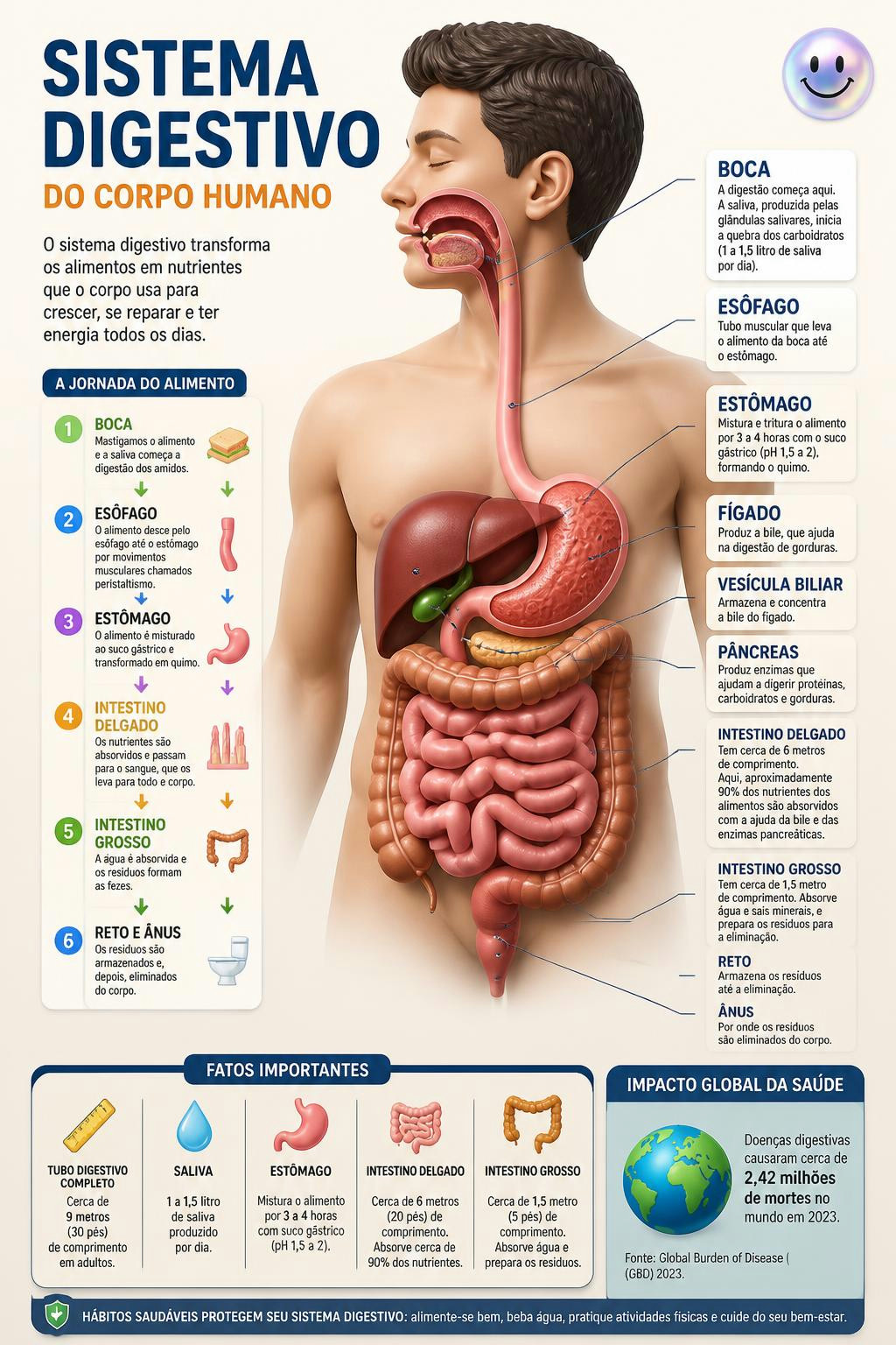 Diferentes órgãos trabalham juntos no sistema digestivo para transformar a comida em energia.
