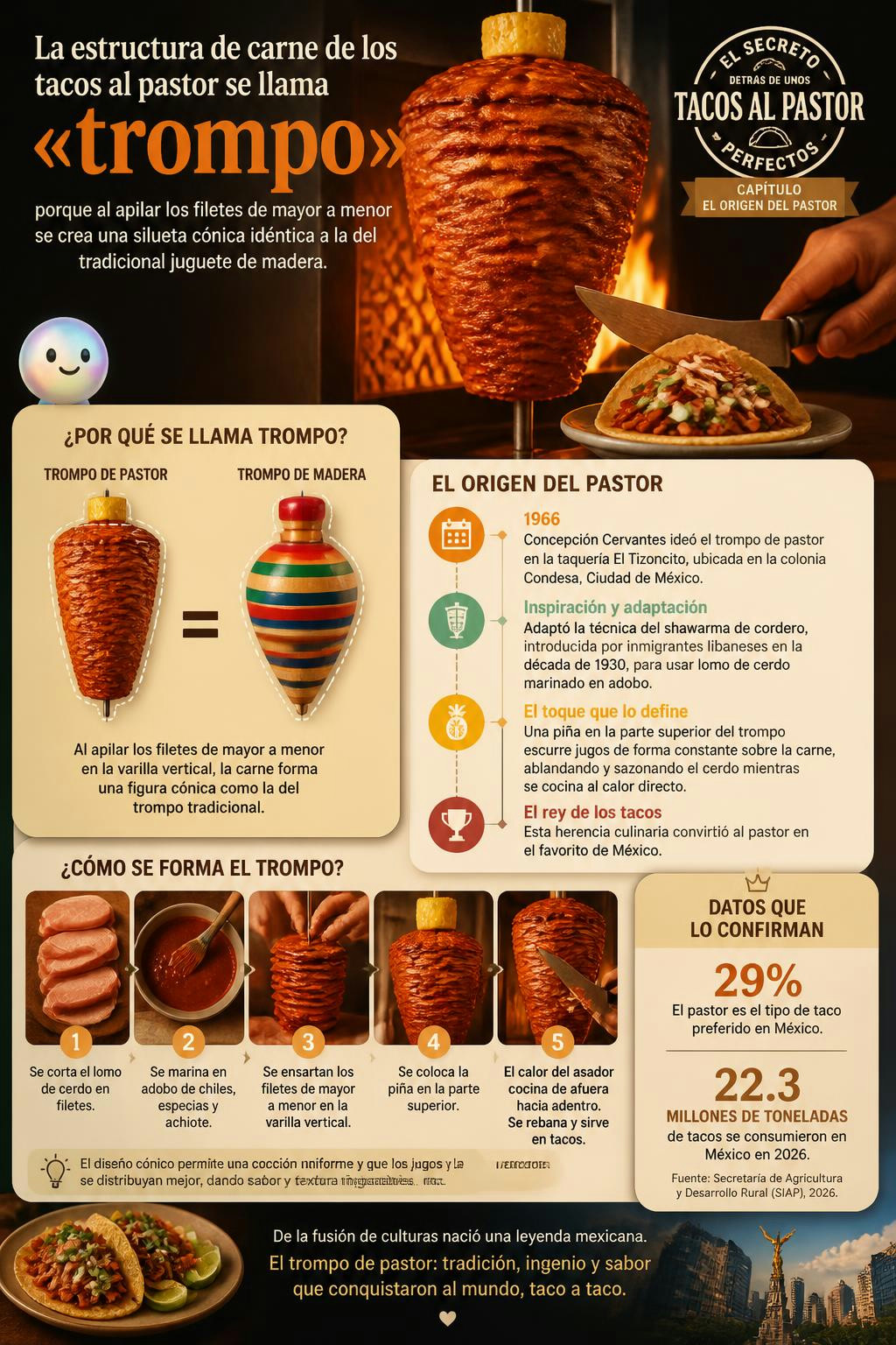 La carne al pastor se llama trompo por su forma de juguete tradicional.