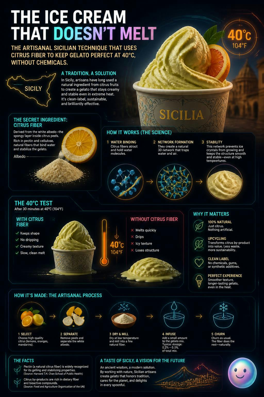 It's wild how citrus fiber keeps gelato from melting even in 40°C heat.