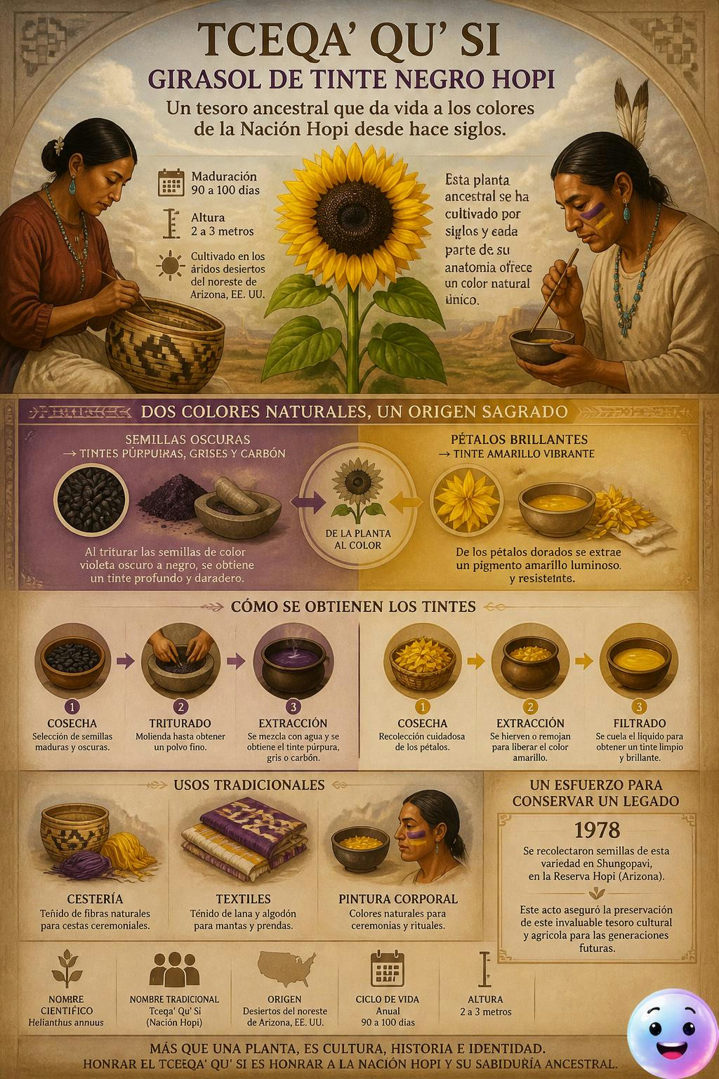 La infografía describe el uso tradicional de las semillas oscuras y los pétalos del girasol por pueblos originarios norteamericanos para elaborar tintes de color