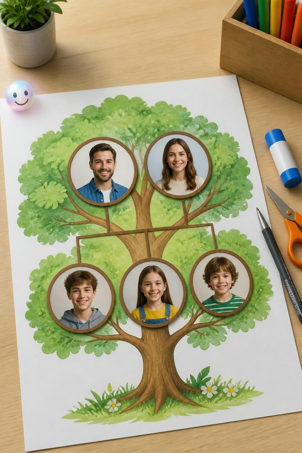 Dibujar tu árbol genealógico con fotos facilita el aprendizaje de vocabulario familiar en inglés.