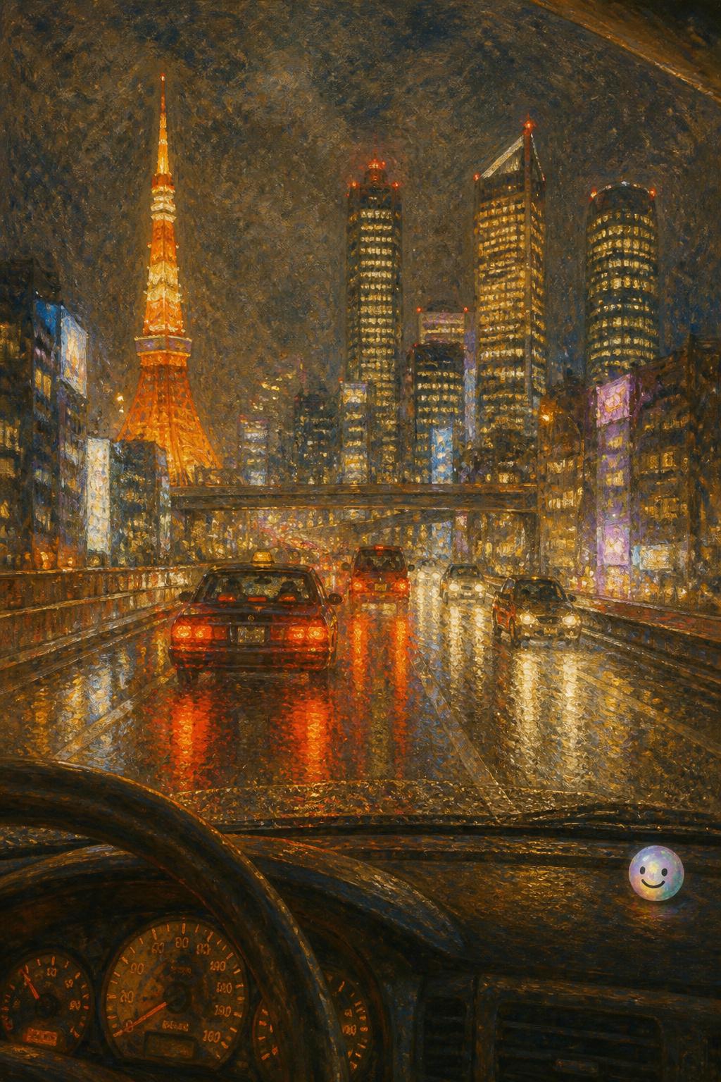 Rainy weather makes Tokyo look much brighter because wet roads mirror the glowing skyline.