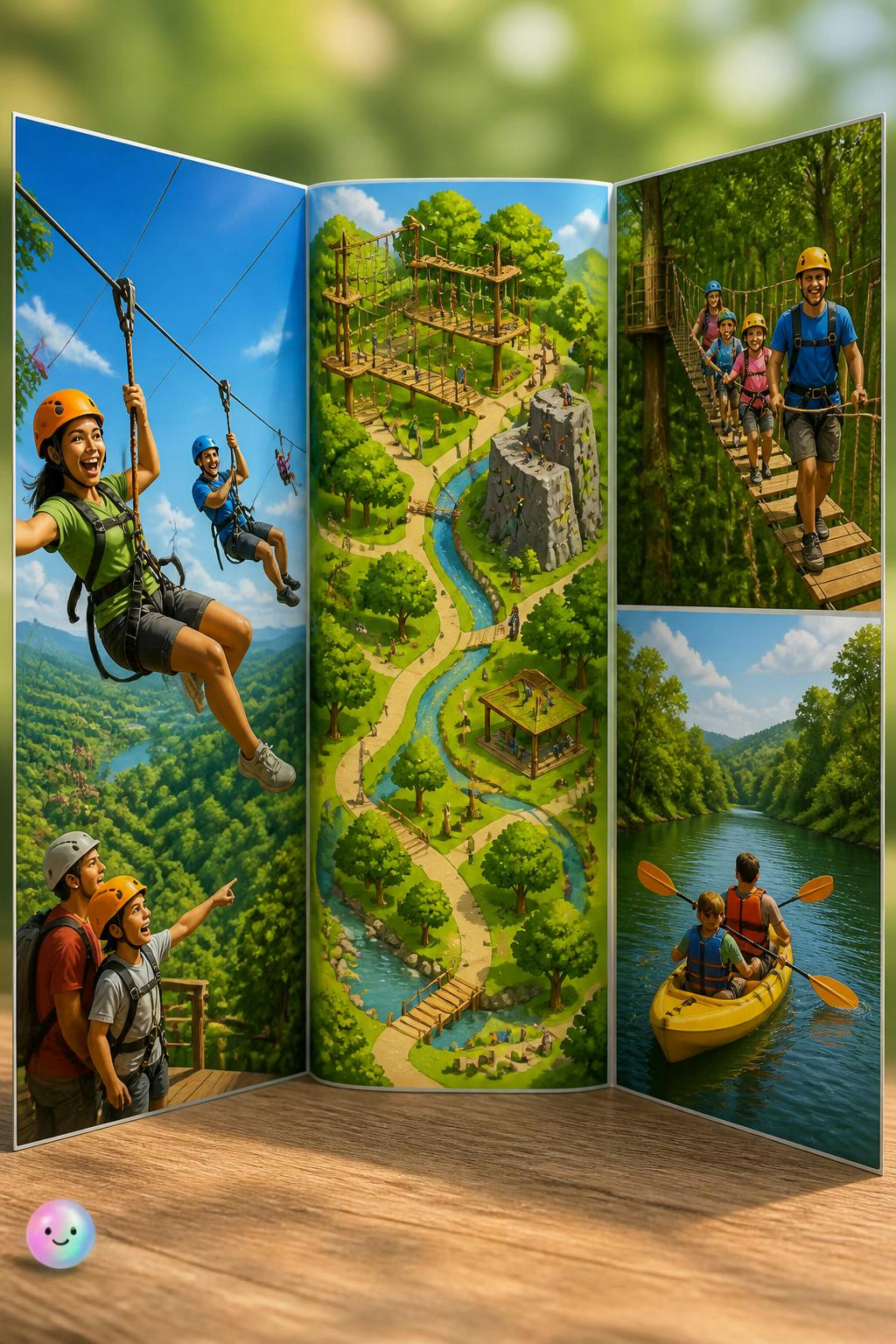 Para diseñar tu tríptico de un parque de aventuras, te sugiero dividirlo en tres partes: una portada emocionante, un map