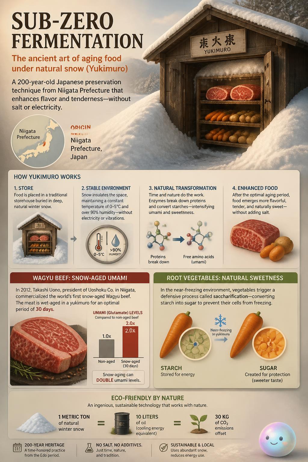 Aging food under natural snow doubles its umami flavor without using any salt.