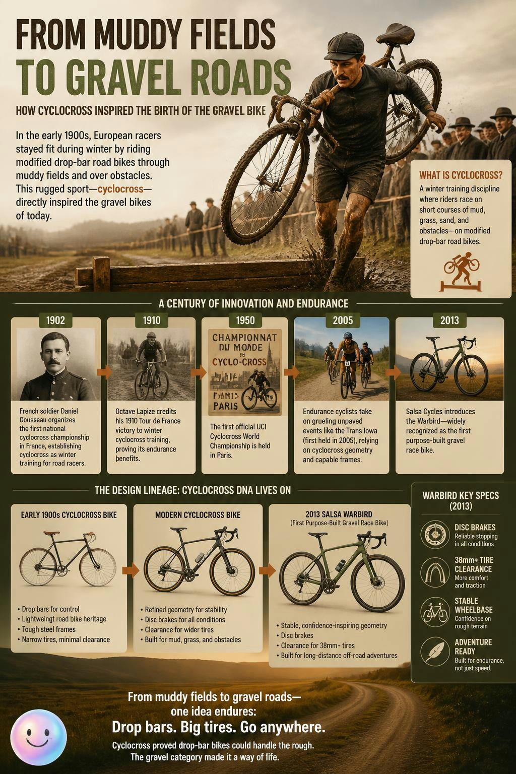 Those high-tech gravel bikes actually started as muddy 1900s cyclocross rigs.