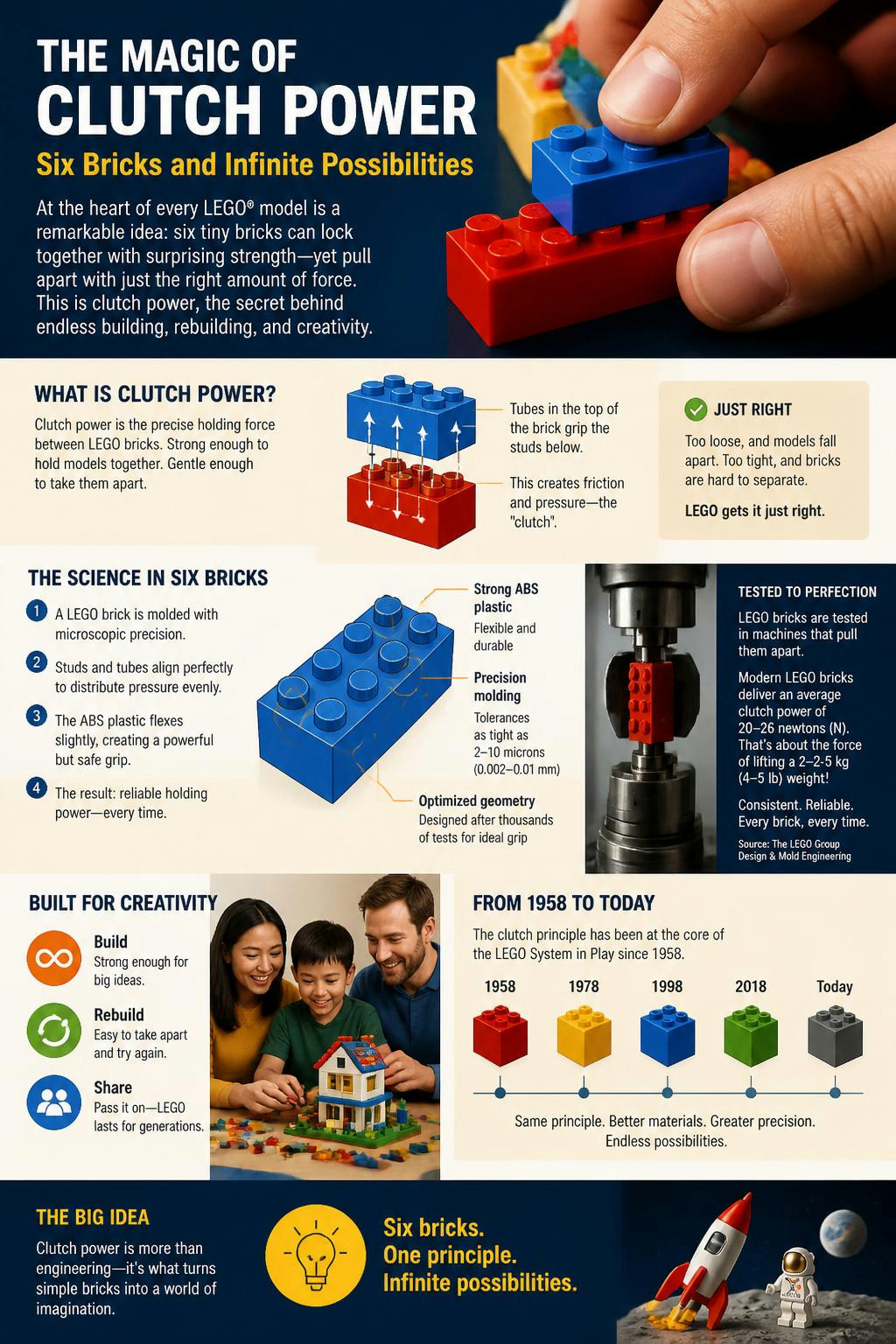 Six bricks can form over 915 million combinations thanks to clutch power.