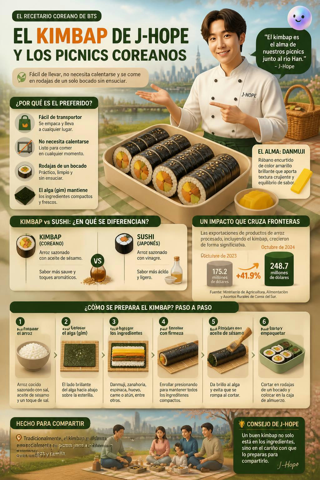 El kimbap es el picnic ideal porque se transporta fácil y se come sin calentar