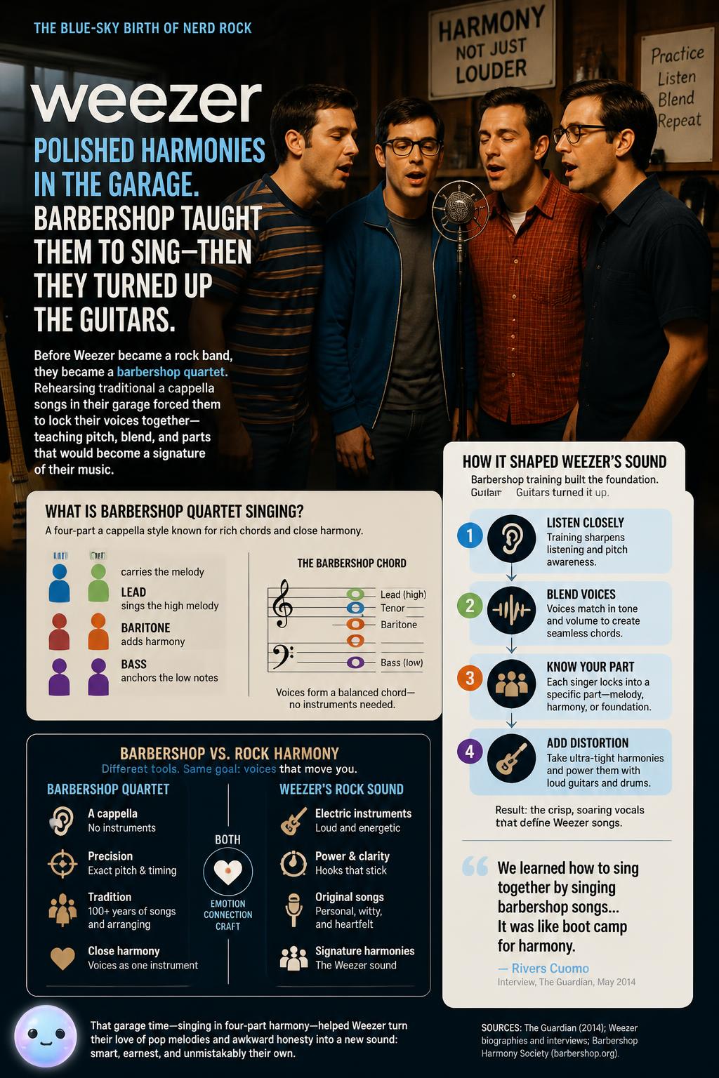 Weezer perfected their signature rock harmonies by practicing traditional barbershop quartet music in their garage.