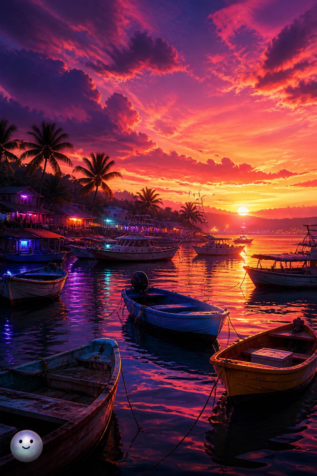 La luz del ocaso se refleja de forma única según el color de cada bote.