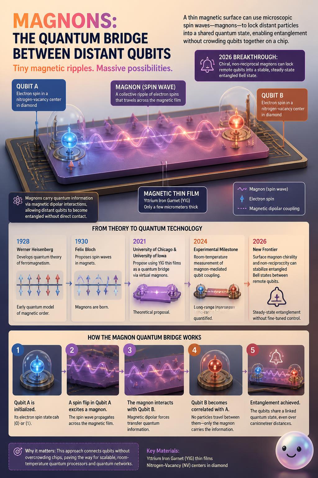 Tiny magnetic ripples called magnons connect distant qubits to birth a new quantum era.