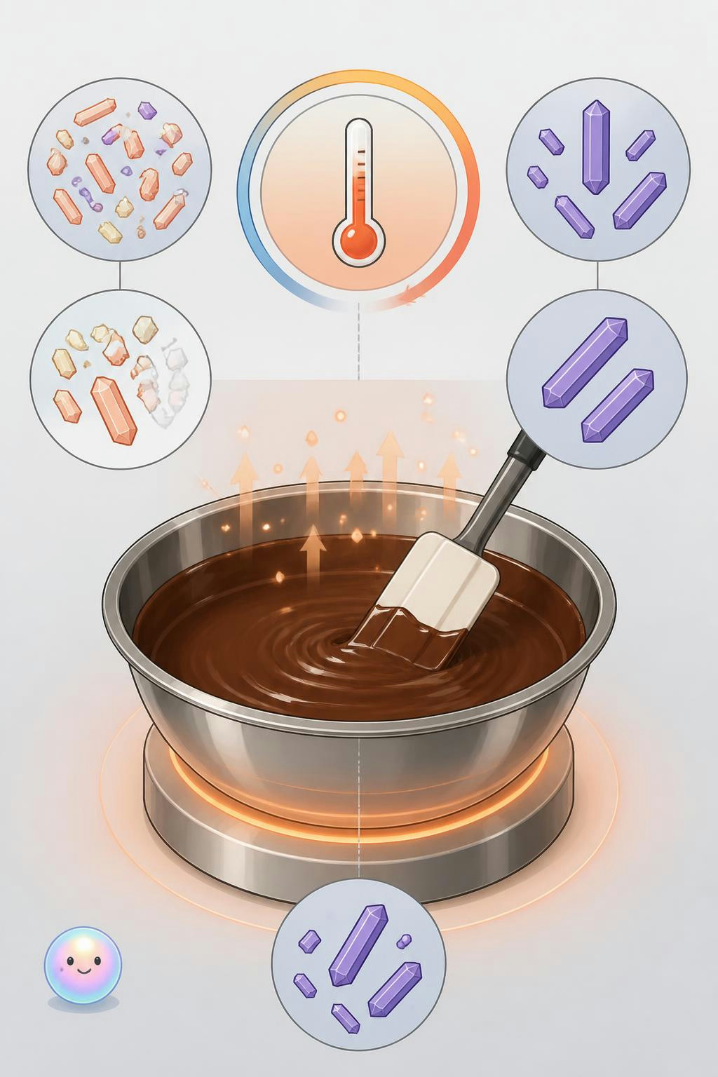 A solo 31 °C, el chocolate destruye sus cristales débiles para quedar perfecto.
