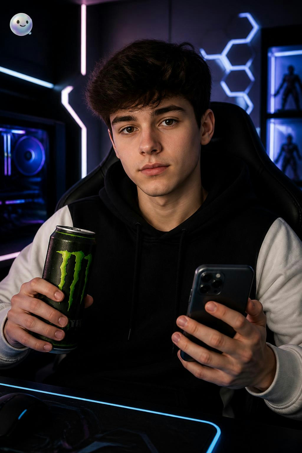 Genera una imagen de un chico gamer con una sudadera negra con mangas blancas, pelo café y ojos cafés y pálido, esta mirando a la cámara, con una monster y un teléfono.