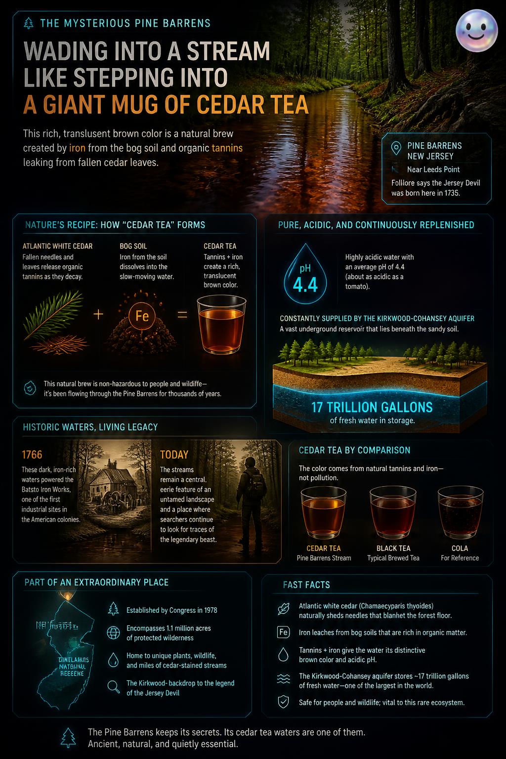 Those tea-colored streams are actually brewed by bog iron and cedar leaves!