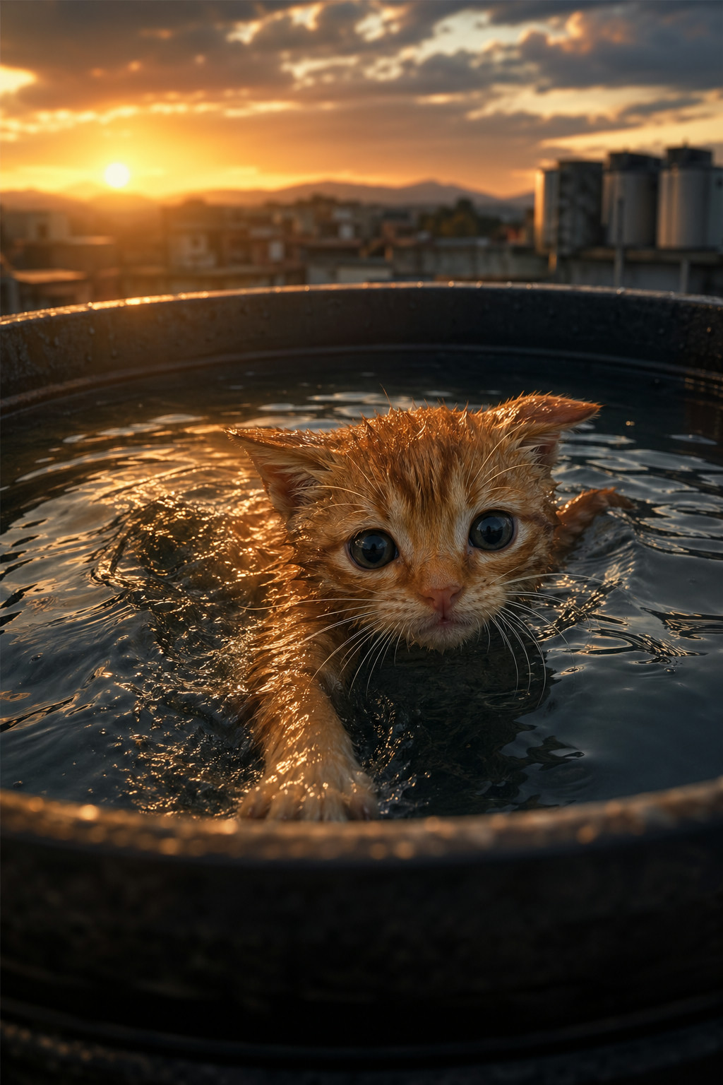 Un gatito nadando en un tinaco