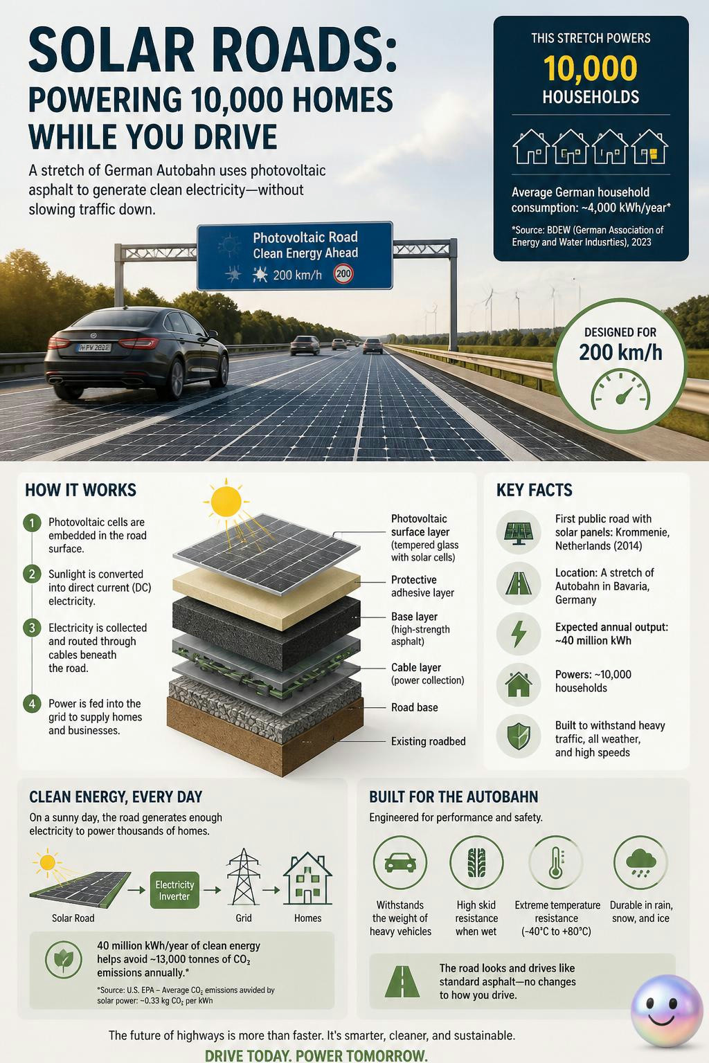 It's wild that solar asphalt can power 10,000 homes under cars going 200 km/h.