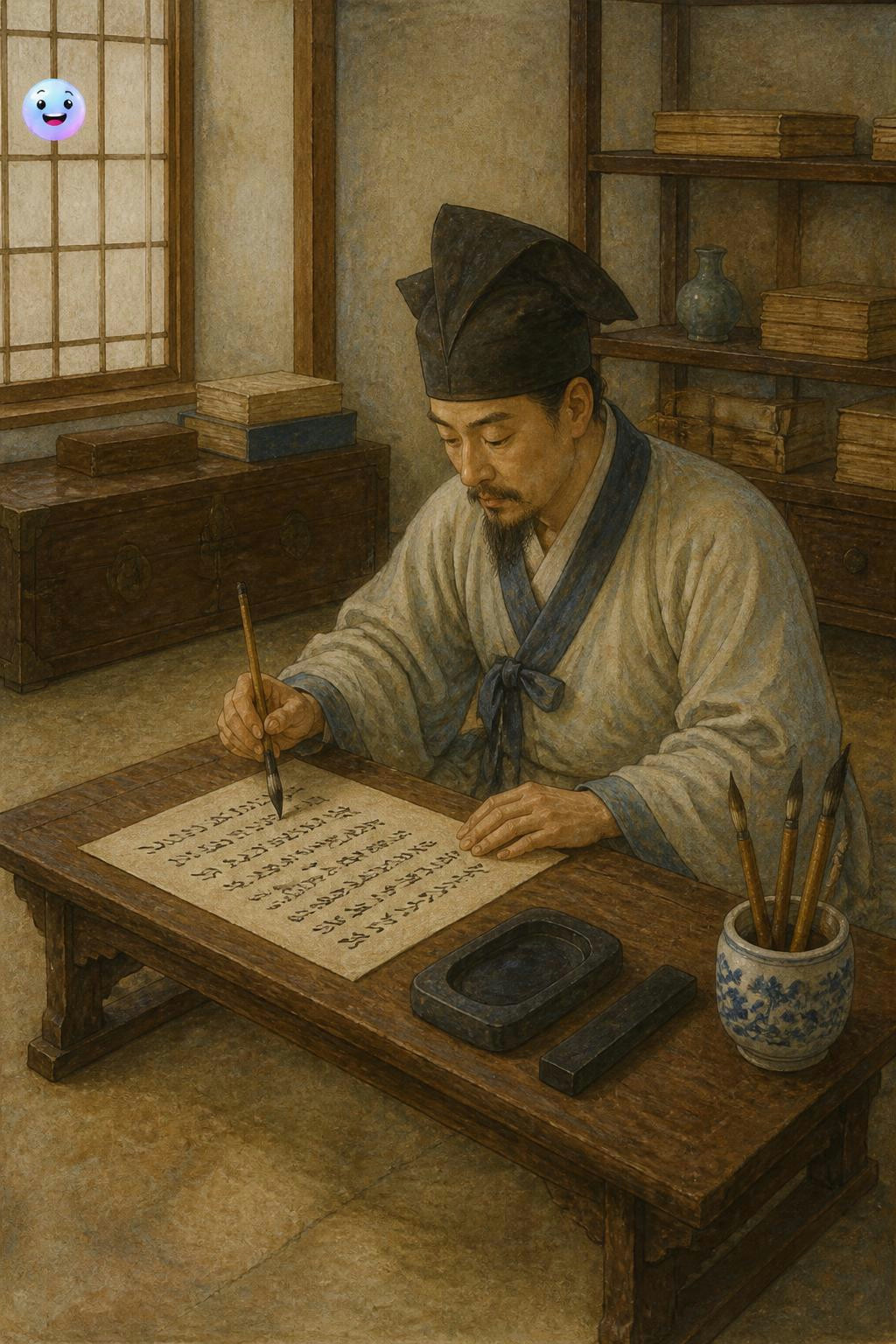 조선 시대 학자는 서안이라 불리는 낮은 나무 책상에서 한글을 썼습니다.