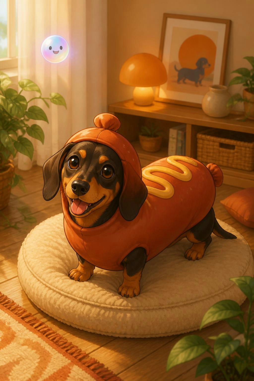 Perro salchicha con disfraz de salchicha