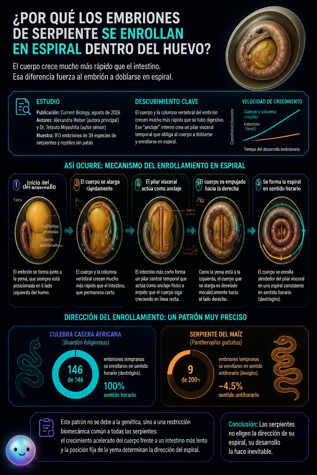 El crecimiento desigual entre el cuerpo y el intestino obliga a la serpiente a enrollarse.