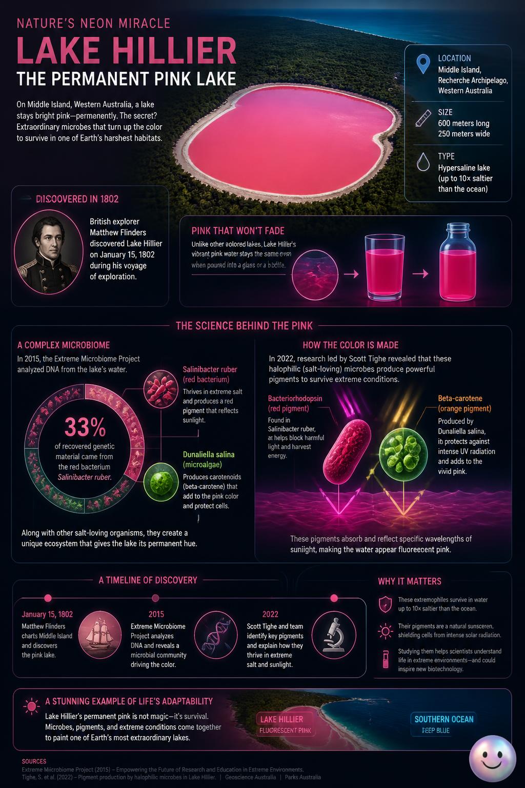 Dunaliella salina bacteria keep the water of Lake Hillier permanently fluorescent pink.
