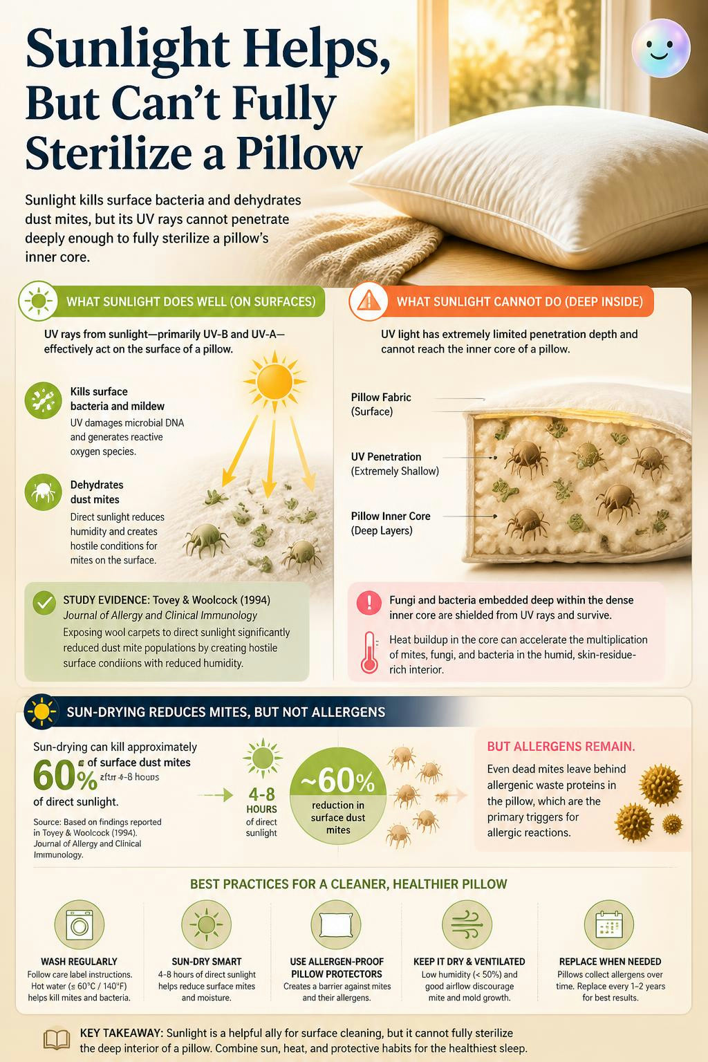 Sunbathing pillows only cleans the surface, leaving the deep core untouched.