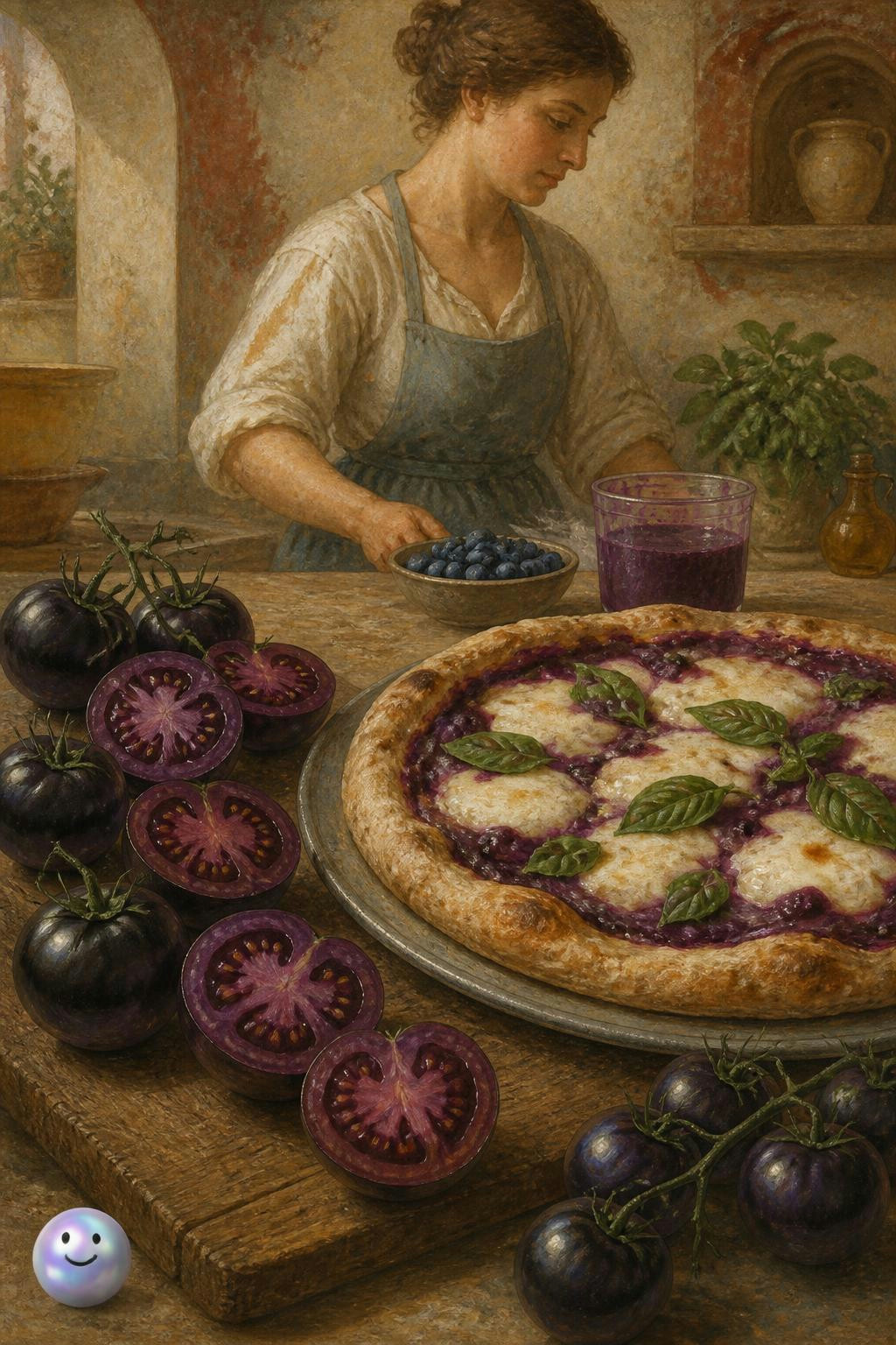 Un tomate modificado genéticamente con genes de la flor boca de dragón, con piel y pulpa de color morado intenso, cortado a la mitad.