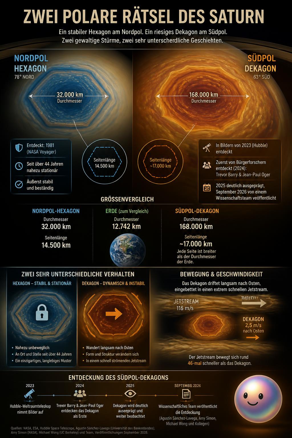 Saturn formt an seinen beiden Polen völlig unterschiedliche geometrische Riesenstürme mit sechs und zehn Ecken.