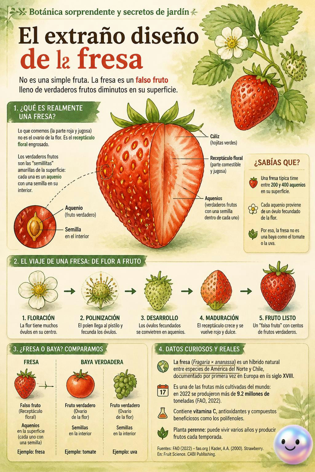 Esas pepitas de la fresa son sus frutos reales y lo rojo es solo el tallo.