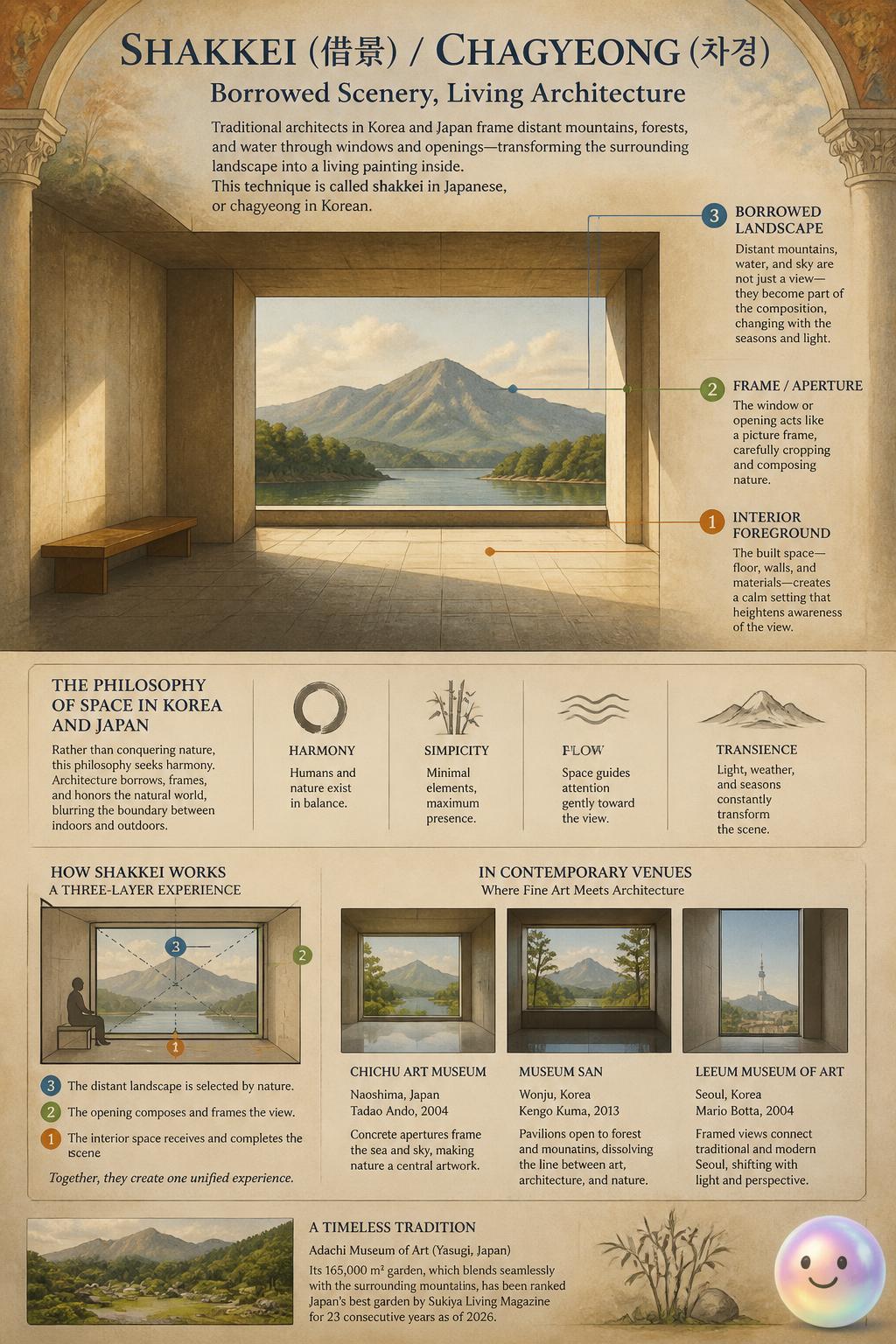 Traditional architects use the shakkei technique to turn distant mountains into living indoor art.